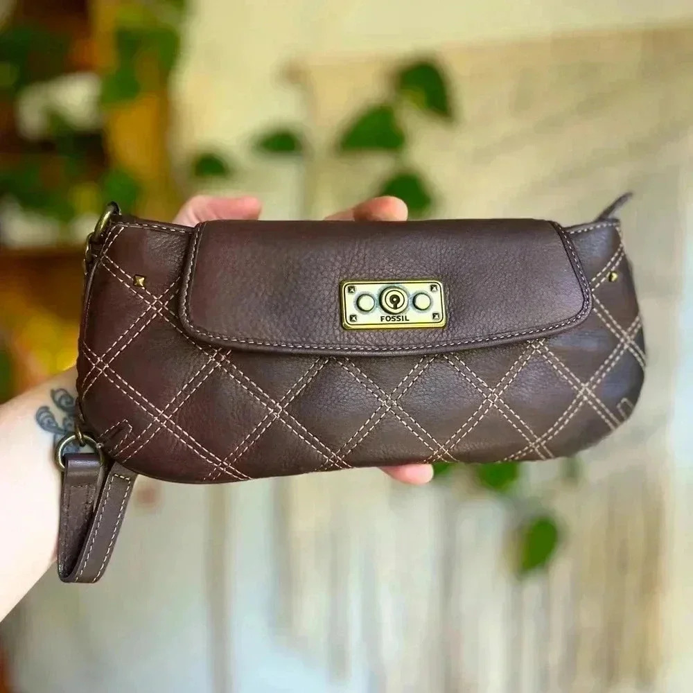 Fossil Brown Quilted Leather Wristlet / Clutch with Snap Closure